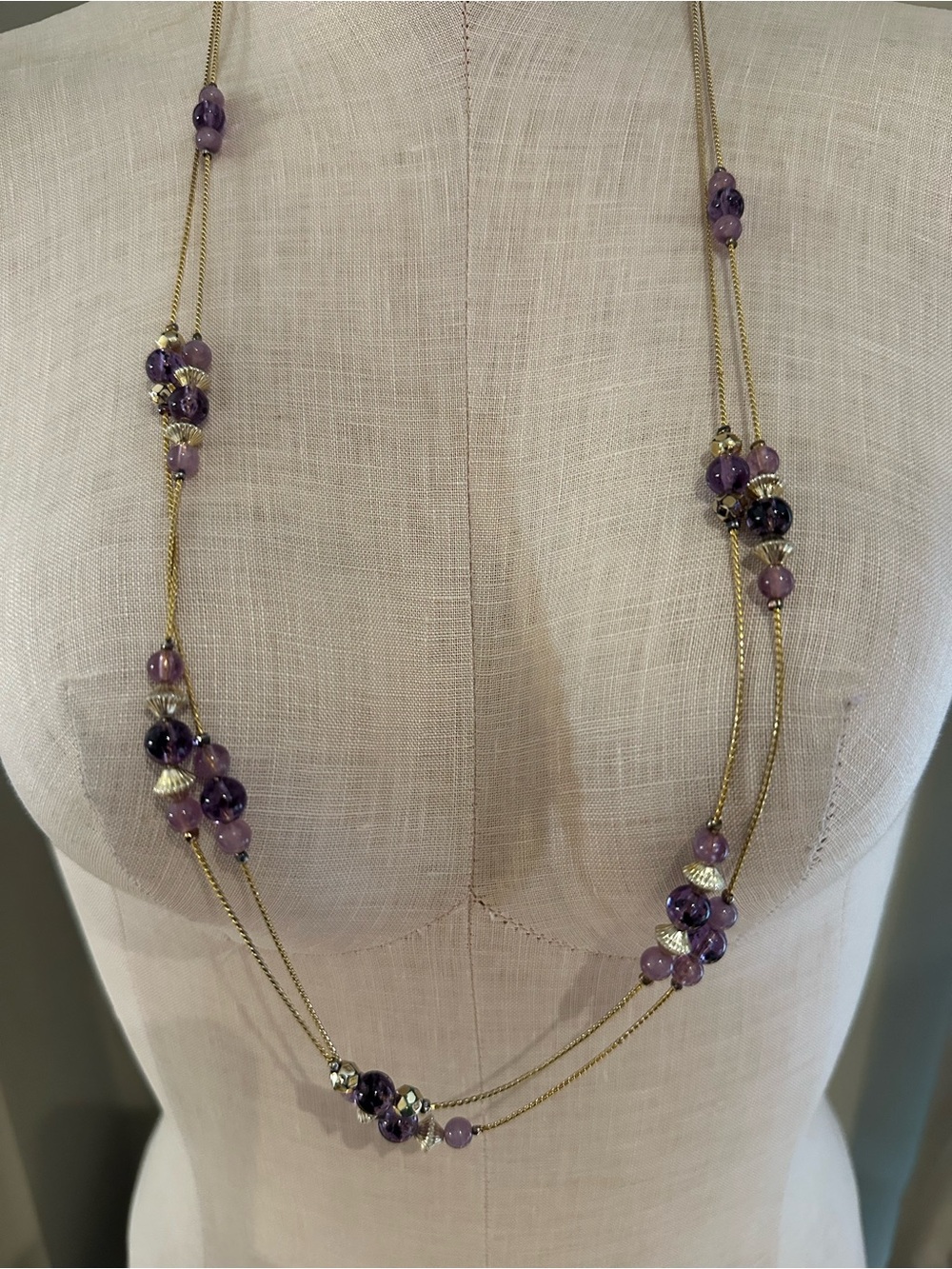 3/$40 Layered Gold Chain Necklace with Purple Beads